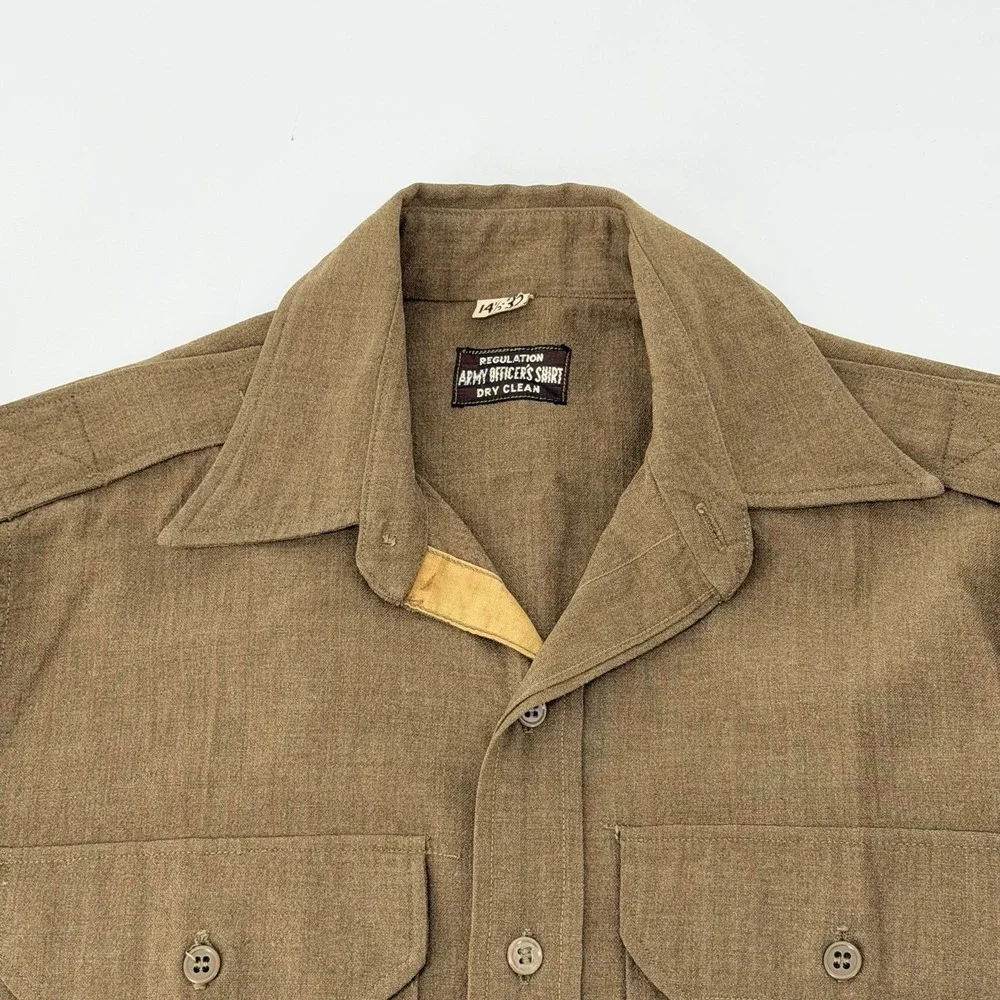 Vintage WWII US Army Officer Wool Shirt Brown Olive 14.5x32 Military